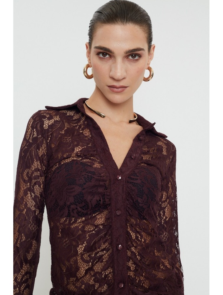 MIX AND MATCH Ellora Lace Shirt Burgundy Βουργουνδί Δαντελένιο Πουκάμισο